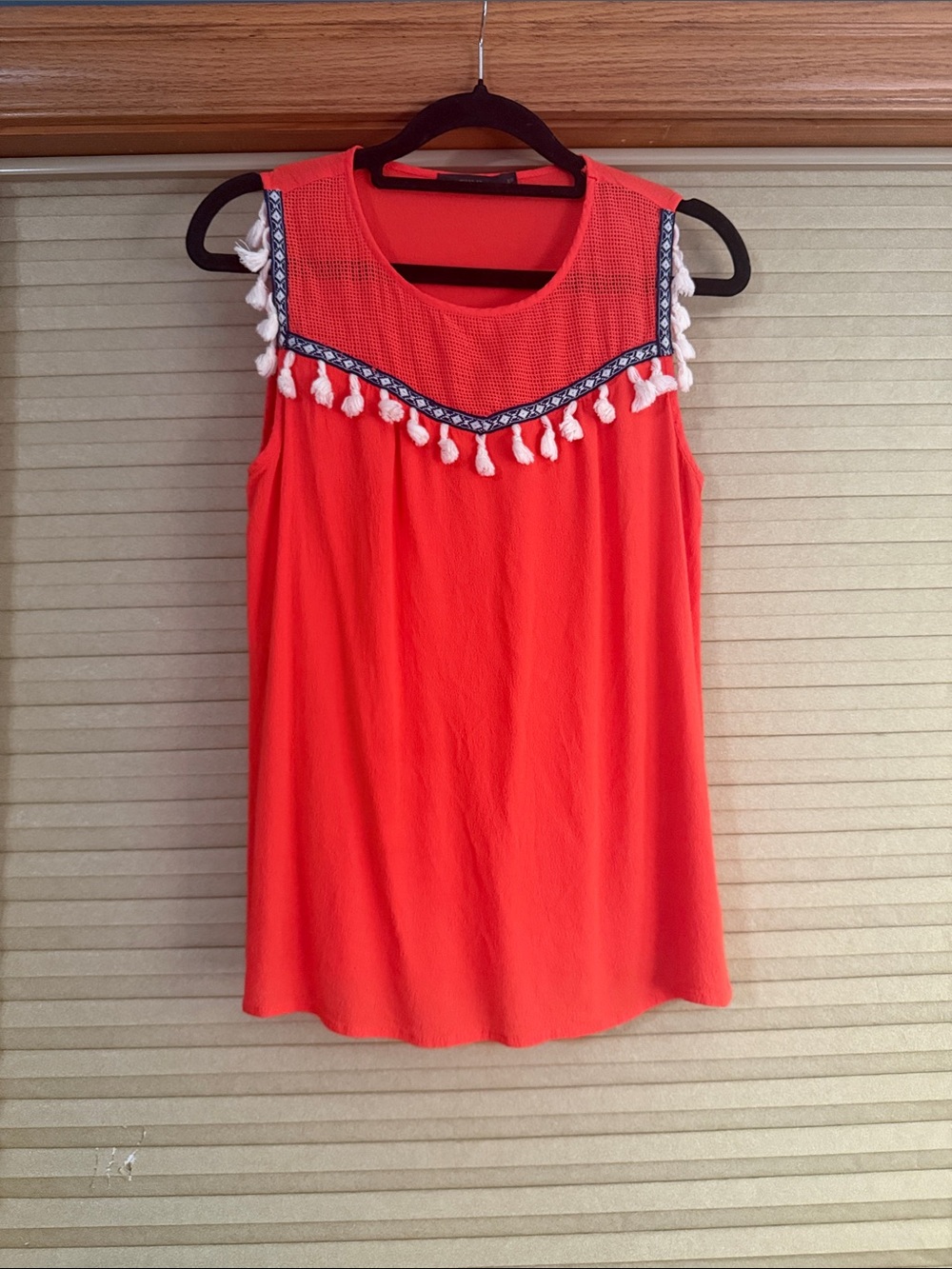 THML Coral Red Tassel-Trim Sleeveless Tank